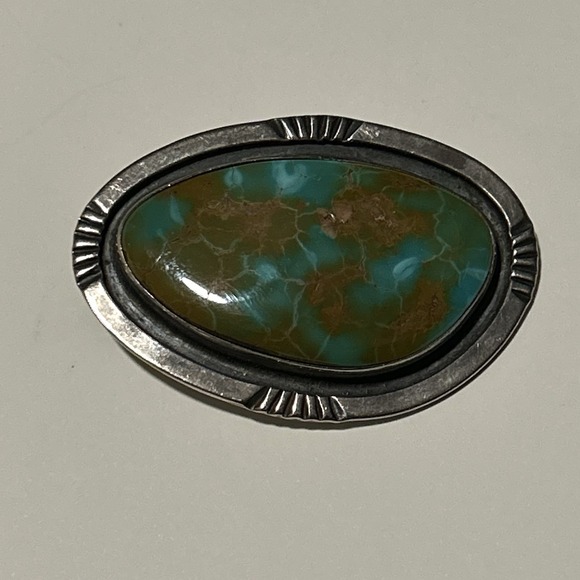 Vintage Handmade Royston Turquoise Navajo Silver Pendant Brooch Unmarked 1.5x2in - Picture 3 of 7